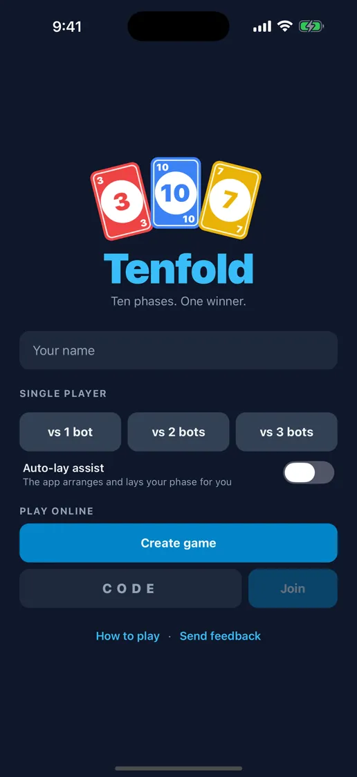 Tenfold's home screen, with options to play against bots or create an online game.